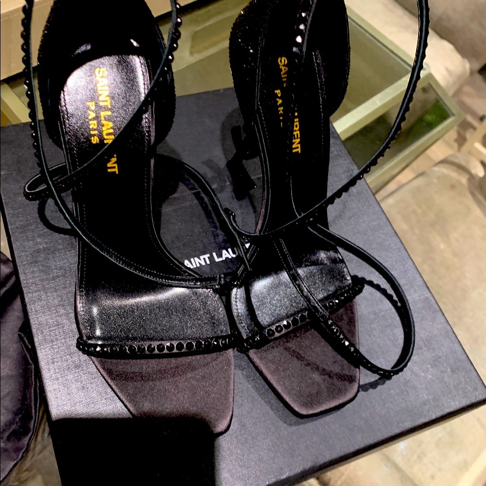 Saint Laurent Black Crystal Opyum Sandals. Size 39